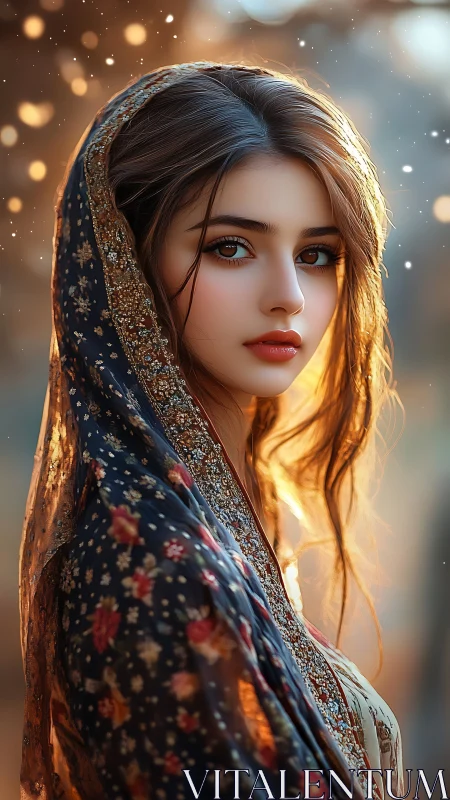Backlit portrait of veiled young woman in golden dusk bokeh