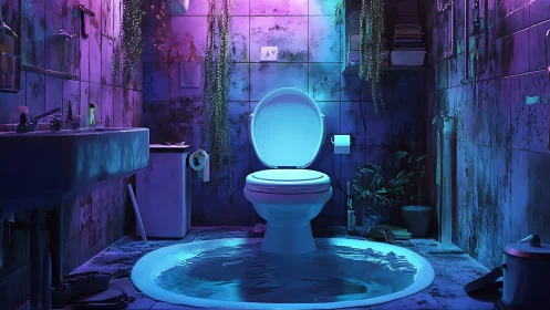 Neon jungle bathroom throne in surreal flooded twilight glow.