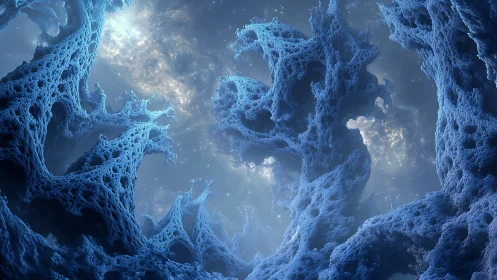 Fractal ice caverns framing luminous cosmic nebula sky.