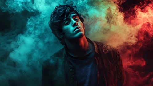 Young male subject stands amid colored smoke illumination