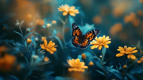 Butterfly-laden bokeh field with teal-gold chromatic contrast.