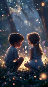 Two children sit in magical forest with glowing fireflies and luminescent mist