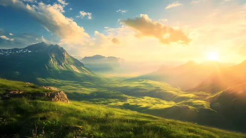 Sunlit green valley and distant mountains at sunrise.
