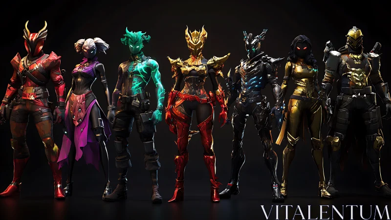 Seven armored heroes in neon sci fi combat skins lineup.