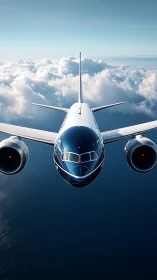 Front view of modern passenger jet flying above clouds.