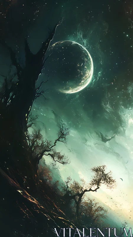 Alien moon rises above twisted forest on stormy night.