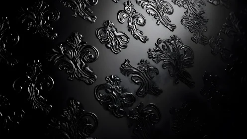 Elegant Black Baroque Embossed Pattern on Glossy Surface.