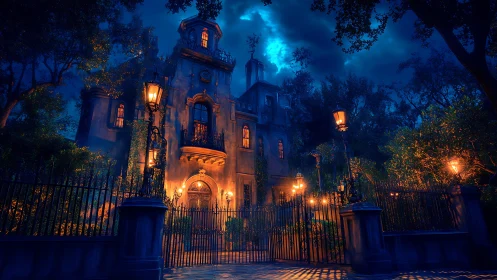 Moonlit manor brooding behind iron gates and ghostly glow.