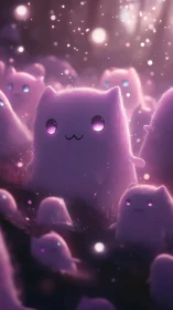Glowing pastel cat spirits in dreamy purple forest night.