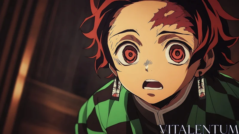 Shocked anime boy with red eyes and patterned haori.