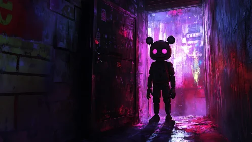 Neon alley sentinel robot with glowing mouse eyes stands watch.