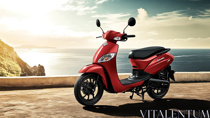 Red coastal scooter in cinematic golden hour lighting.