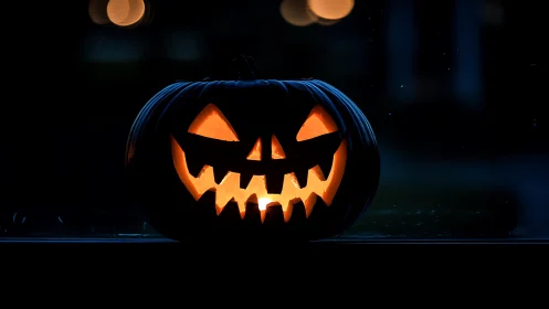 Carved jack o’ lantern on windowsill in dark setting.