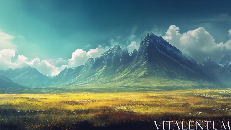 Sunlit alpine massif dominates expansive golden grassland