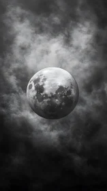 Isolated full moon rendered with high-contrast grayscale atmospheric clouds