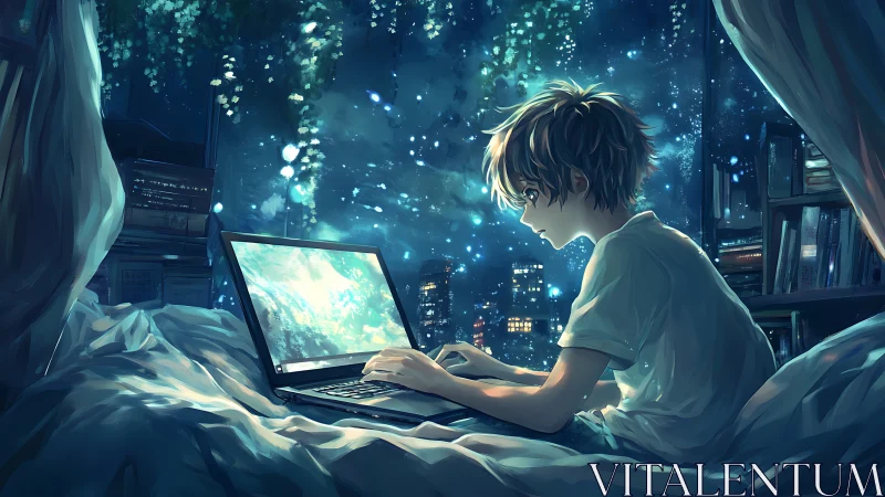 Starlit coder boy weaving midnight worlds on laptop glow.