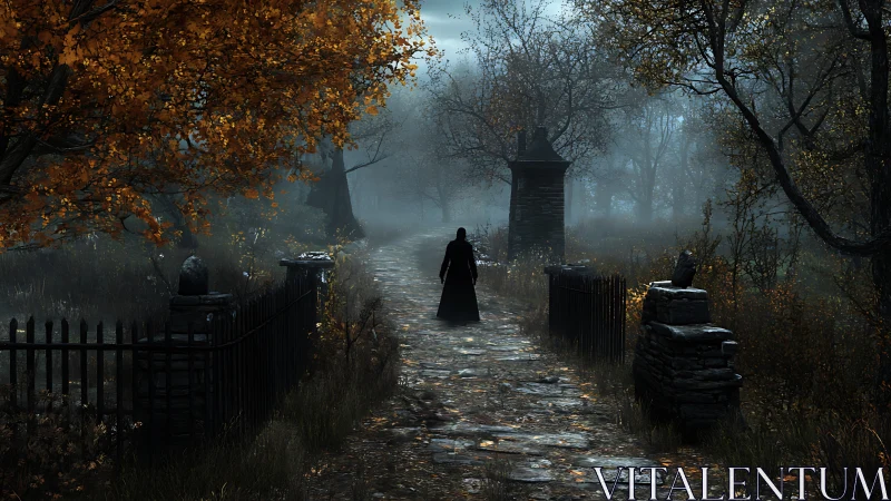 Digital painting of cloaked figure on misty autumn path.