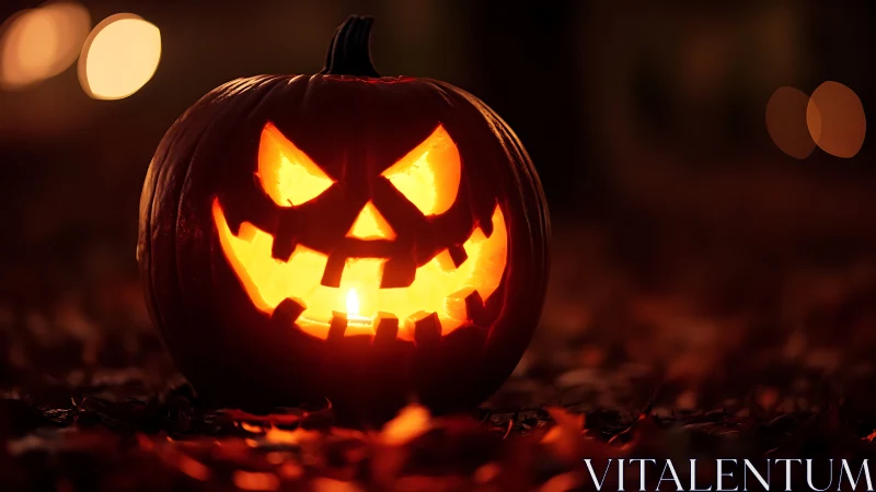 Glowing jack-o’-lantern illuminates shallow-depth autumn scene