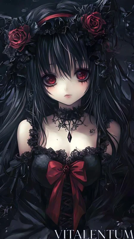 Gothic anime portrait renders crimson-eyed girl in lace