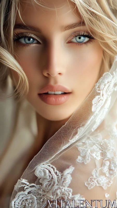 Photorealistic bridal portrait with lace veil close-up rendering.