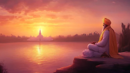 Sunset meditation by river facing luminous distant temple