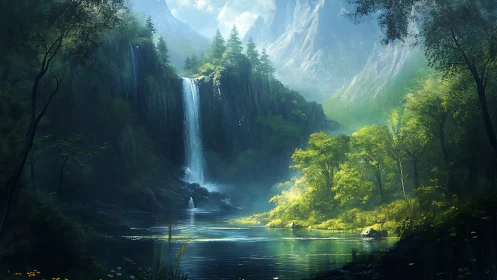 Mountain valley waterfall and reflective forest pool.