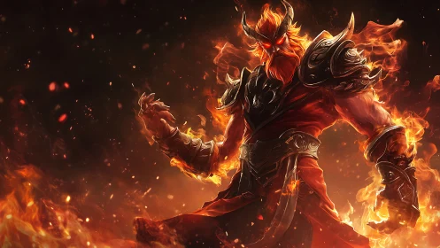 Infernal horned warlord in molten armor amid eruptive flames