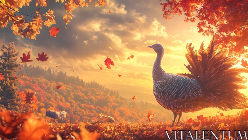 Golden autumn hillside with a proud turkey at sunset.