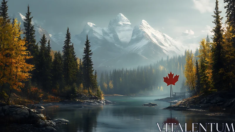 Snowy mountains and forest lake with red maple leaf sign