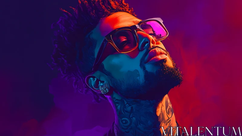 Neon glow portrait of a cool tattooed dreamer at dusk.