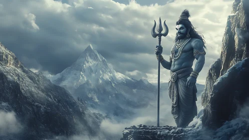 Himalayan storm god strides through cloud-wrapped peaks.