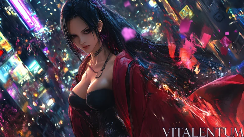 Dark haired woman in red coat against neon cityscape.