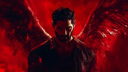 Dark-winged figure in crimson infernal atmosphere portrait.