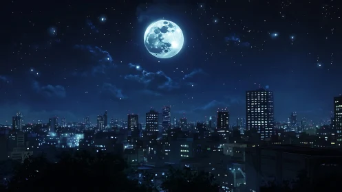 Lunar-illuminated urban skyline rendered in high-contrast anime night
