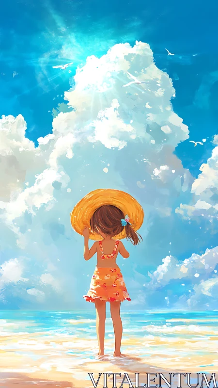 Backlit girl in orange sundress on sunlit shore, vertical art