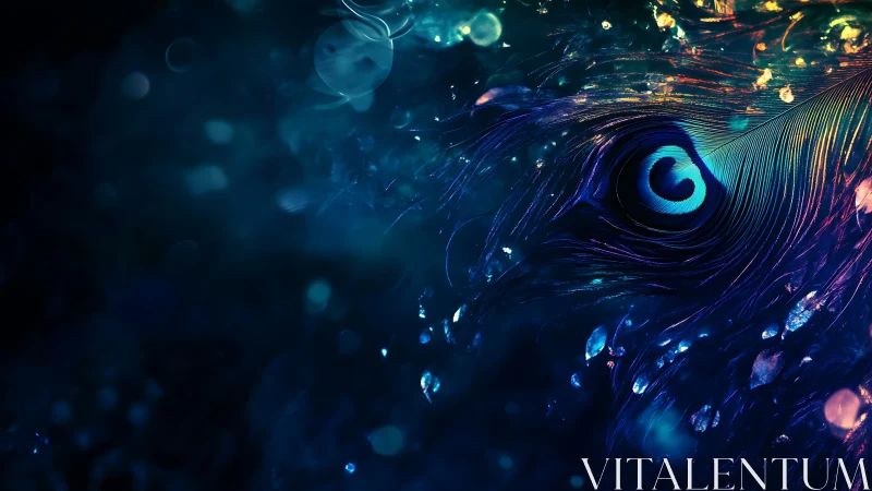 Iridescent peacock feather glows in deep nocturnal bokeh