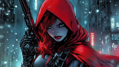 Red-hooded vigilante aims pistol in neon-lit urban snowfall