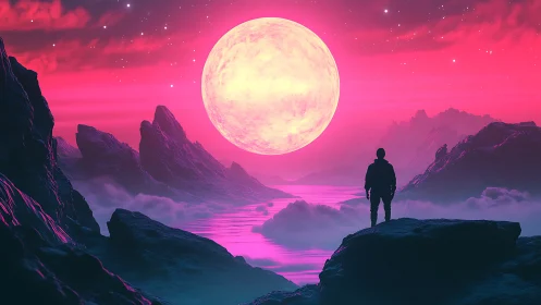 Luminous moonrise over neon alien seascape in silhouette.