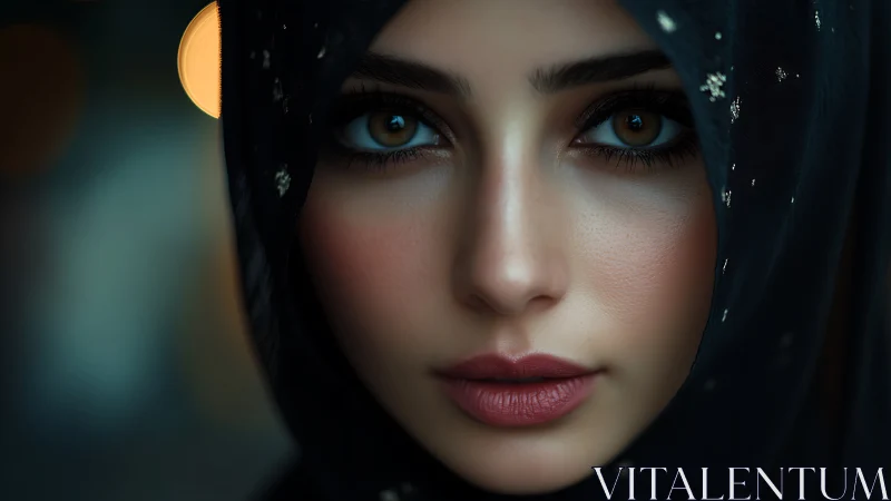 Photorealistic portrait of veiled woman with intense gaze.