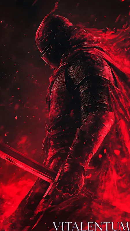 Burning armored knight stands in red infernal battlefield