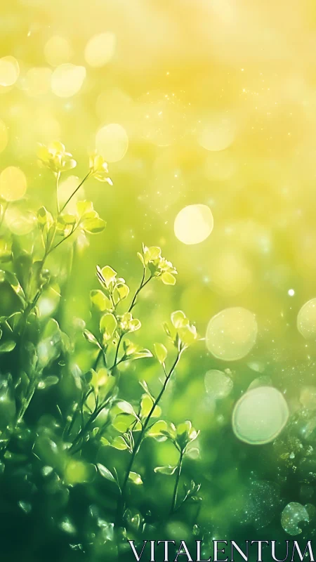 Sunlit green sprigs beneath glowing bokeh haze.