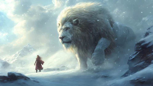 Colossal spectral lion guarding lone traveler in blizzard.
