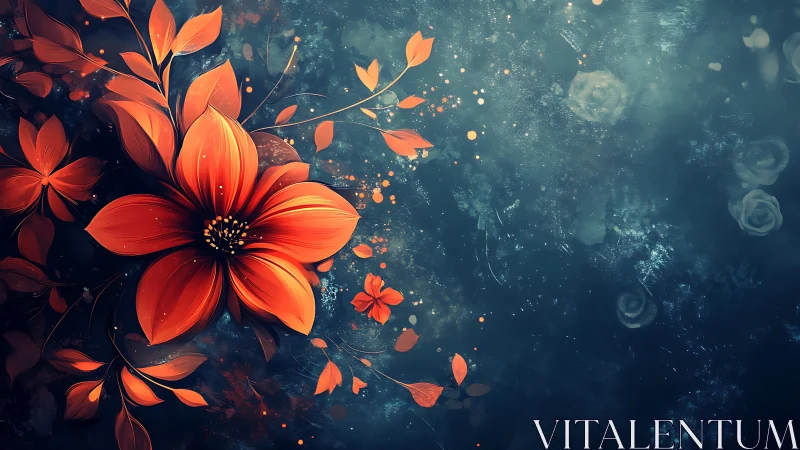 Glowing Red Flowers Dance Across Deep Teal Spaces.