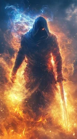 Hooded fire warrior with sword in blazing magical flames.