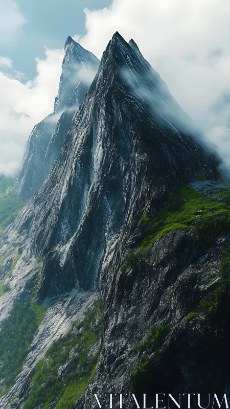 Sheer granitic spires cut vertically through low stratified cloud