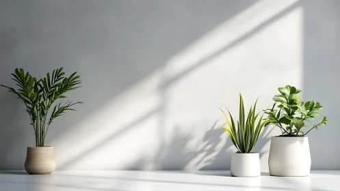Three potted indoor plants stand against a sunlit wall