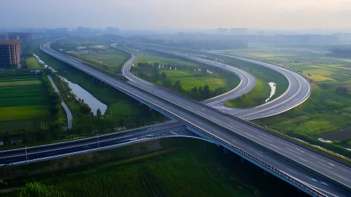 Morning light glows over empty elevated highways and fields