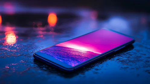 Neon-Lit Smartphone with Magenta Gradient Display.