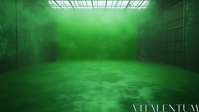 Empty industrial studio fills with dense green atmospheric fog