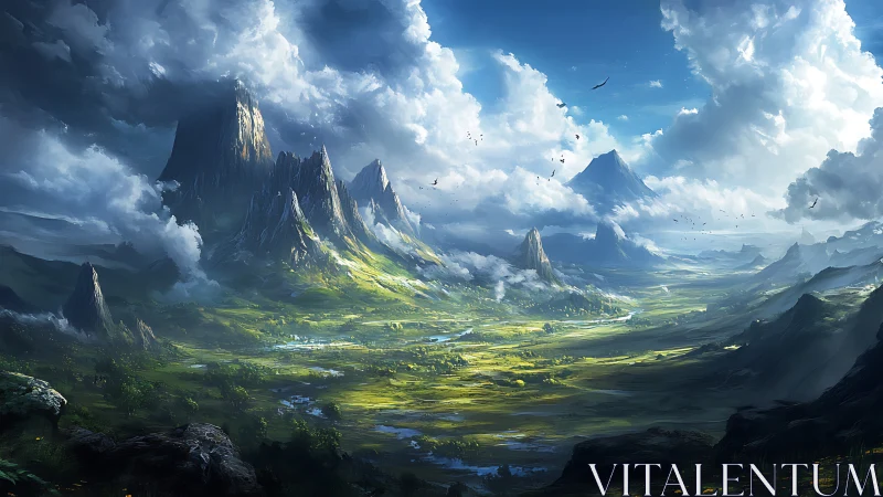 Epic alpine valley with jagged spires under dynamic clouds